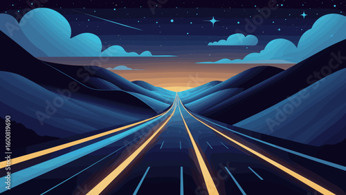 night road, tranquil, leading into mountains under a starry sky, in a colorful illustration