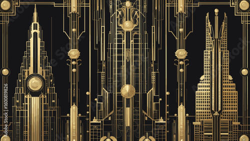 Art Deco architecture, intricate, featuring golden patterns and geometric designs, on a black background