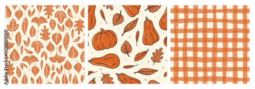 Autumn seamless patterns collection with doodles of leaves and pumpkins for wallpaper, backgrounds, textile prints, stationery, tableware, wrapping paper, etc. EPS 10