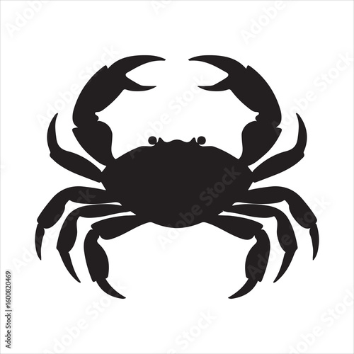 Black silhouette of a crab with claws raised against a white background