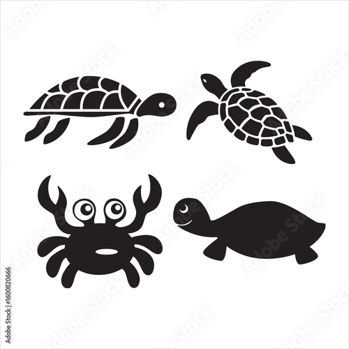 Cute cartoon marine creatures including turtles and a crab in silhouette