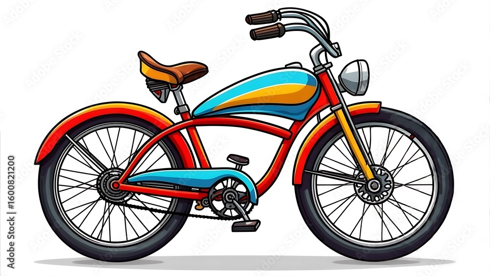 Fototapeta premium Colorful Cartoon Cruiser Bicycle with Headlight on White Background