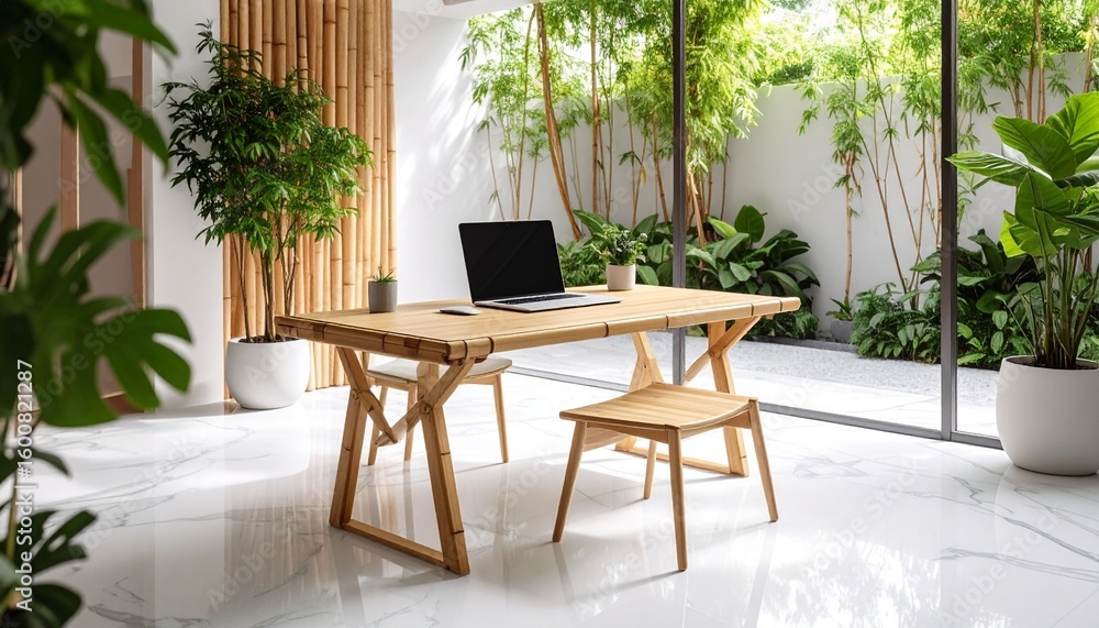 Fototapeta premium Bamboo foldable desk transforming from flat panel into workspace with laptop and plants on white marble floor