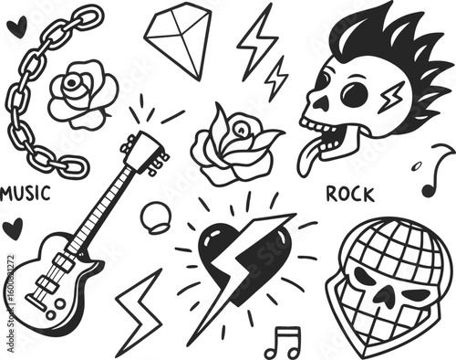 A diverse collection of hand-drawn musical instrument icons and vector silhouettes, perfect for any music-themed design