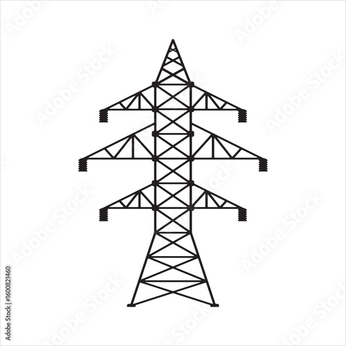 Tall black metal electricity pylon with power lines against a white background