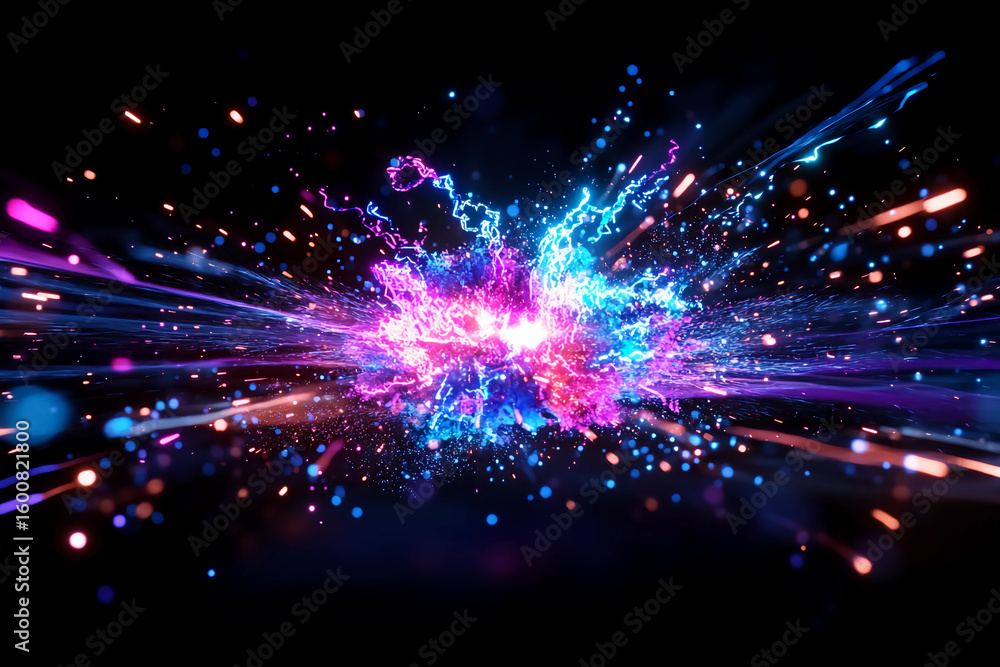 Naklejka premium Smash Explosion of Neon Sparks Capturing the Intense Energy and Impact of a Powerful Badminton Smash in Abstract Motion Art