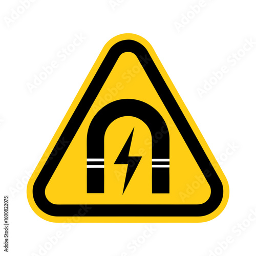 Yellow triangle magnetic field hazard sign with black horseshoe magnet and lightning bolt vector