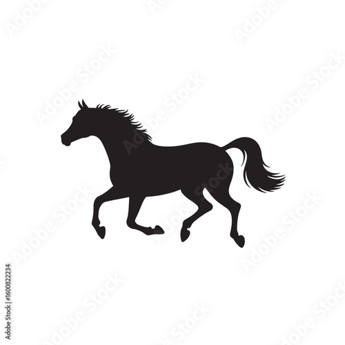 Elegant black silhouette of a graceful horse in full stride isolated on white background