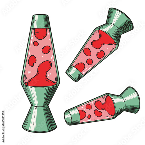 PNG Vintage woodcut sketch collection of retro lava lamp green with red floating shapes on transparent background – graphic element for stylish retro design

