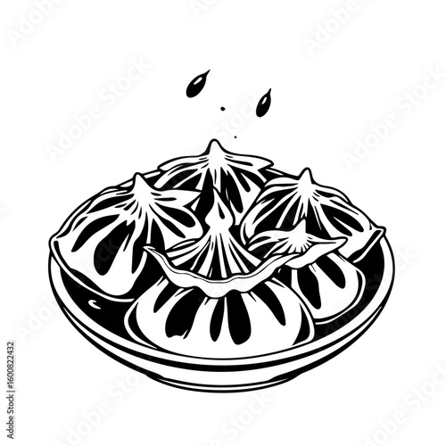 Graphic Monochrome Illustration Of Khinkali Dumplings With Peppers On A Textured Plate