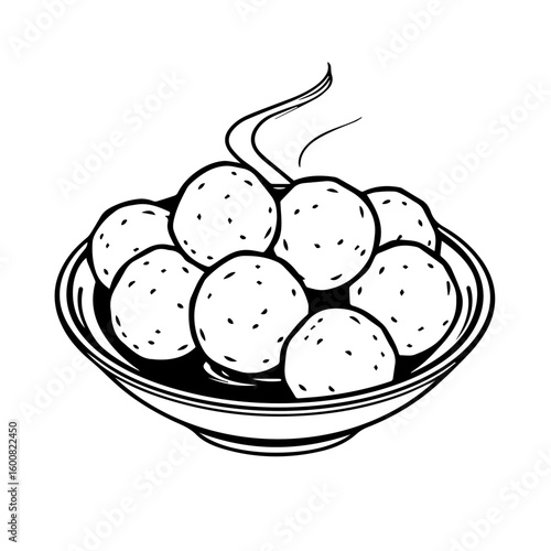 Plate Of Steaming Round Dumplings With Speckles Black And White Graphic Rendering