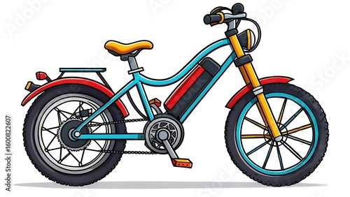 Colorful electric bicycle illustration with a blue frame and yellow saddle, isolated on a white background.