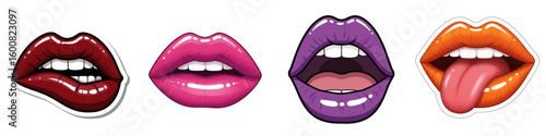 Colorful lips in various expressions and styles on white background  