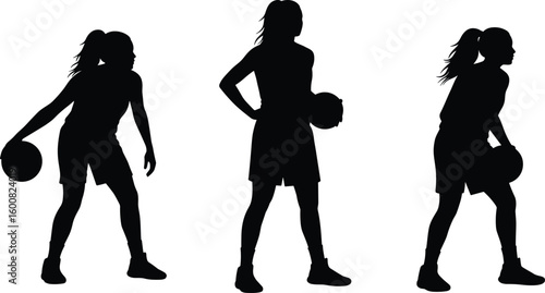 Female basketball players silhouette, dribbling action, competitive posture, sporty girl vector, athletic movement, dynamic pose, uniform, energy, sports illustration