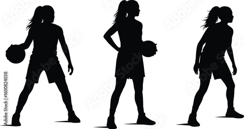 Female basketball silhouette, athlete illustration, sports action pose, black vector design, competitive energy, dribbling, stance, uniform, sport icon