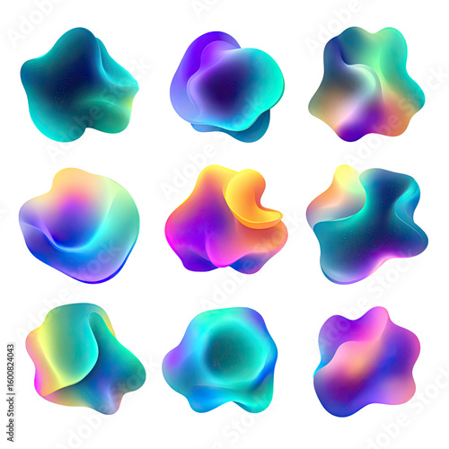 Abstract shapes, vibrant gradients, fluid forms.  Nine colorful,  irregular blobs in a grid.  Soft, flowing gradients of neon hues.  Bold outlines