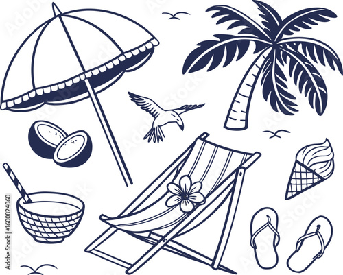 Seamless pattern featuring a vibrant set of summer beach and travel icons including sun, palm trees, umbrellas, and sunglasses for your vacation vector designs