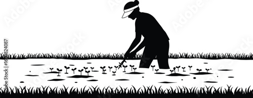 Gardener tending plants, outdoor farming activity, silhouette vector, nature growth, agriculture field, seedlings care, rural lifestyle, minimal art, sunlight, green