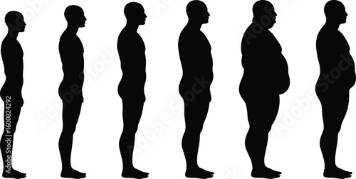 Human body silhouette evolution showing physical changes, different body types comparison, health, fitness, weight progression, diversity, anatomy awareness concept