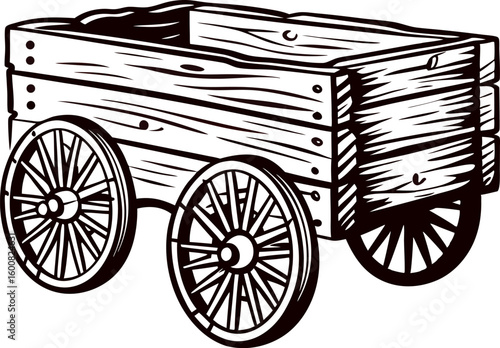 Hand drawn vintage wooden wagon with large spoked wheels illustration on white background