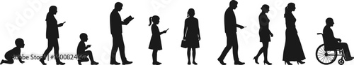 Silhouette evolution of human life stages, baby to elderly in wheelchair, technology usage, aging process, generational difference, lifestyle concept illustration