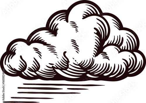 hand drawn illustration of a fluffy cumulus cloud with sketched texture on white background