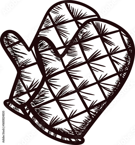 Quilted kitchen oven mitts sketch in black and white, crossed insulated gloves for cooking and baking illustration