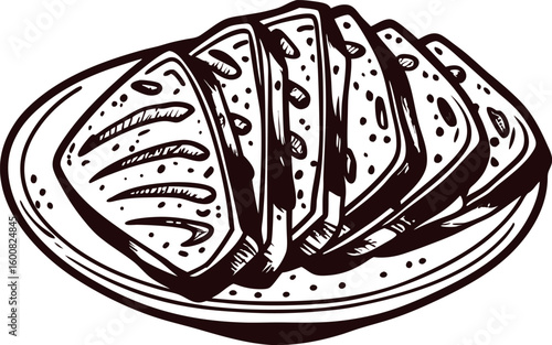 Hand drawn illustration of sliced bread on a ceramic plate, vintage engraving style, isolated on white background