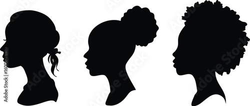 Diverse Black Women Silhouette Profiles with Natural Hair Styles Afro, Bun, Ponytail