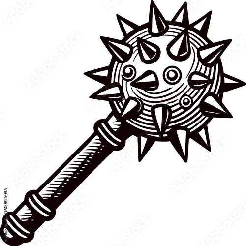 Hand drawn medieval spiked mace weapon with detailed engraved handle and spherical head illustration