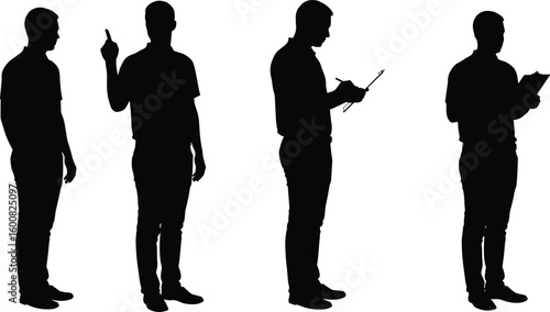 Silhouette of man posing, pointing, writing on clipboard, standing, business concept, isolated white background, professional gesture, stock photo