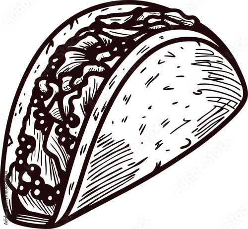 Hand drawn sketch illustration of classic taco with beef cheese lettuce and salsa filling on white background