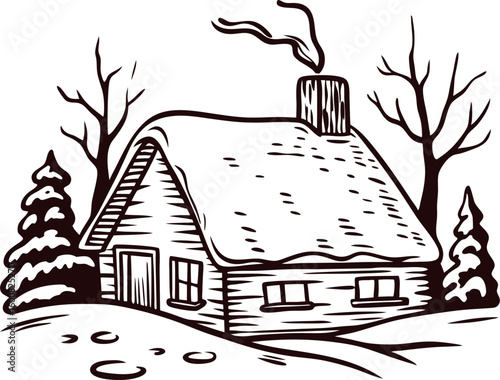 Rustic winter cabin with snow covered roof and smoking chimney surrounded by trees and pine bushes drawing