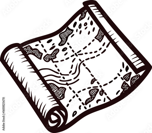 Hand drawn vintage treasure map with rolled edges isolated on white background, adventure exploration illustration