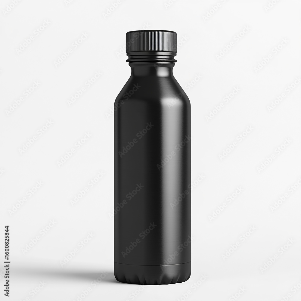 Sleek black metal water bottle with textured screw cap on white background reusable Sleek black metal water bottle with textured screw cap on white background reusable