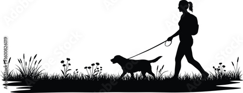 Silhouette of woman walking dog in nature, evening walk, pet owner outdoors, relaxing stroll with dog, peaceful countryside background