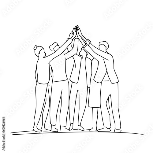 Line drawing of a group of diverse people in business attire giving a high five in a collaborative effort