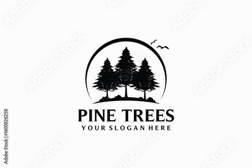 Vector illustration of silhouette of retro rustic logo design of pine, fir, cedar tree