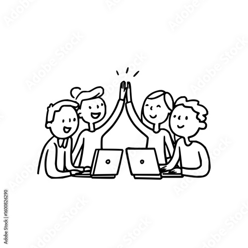 Group of four cartoon people giving a high five while sitting at laptops in a black and white illustration