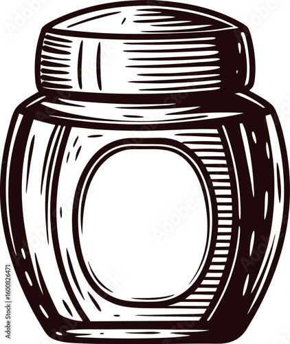 Vintage hand drawn illustration of a sealed glass jar with label for preserves or spices isolated on white background