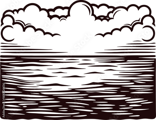 Engraved illustration of cloudy sky above calm sea with textured water surface and bold linework drawing