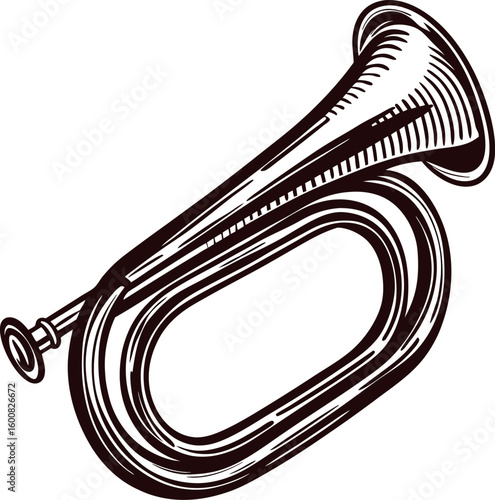 Hand drawn vintage brass bugle illustration with detailed engraving isolated on white background