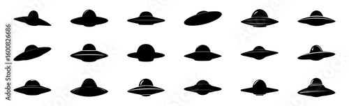 Silhouette of fleet of unidentified flying objects (UFOs) 
