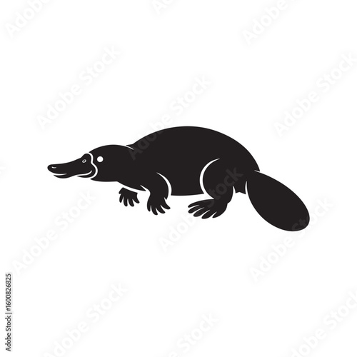 A striking black silhouette of a platypus with its distinctive bill and webbed feet isolated on white background