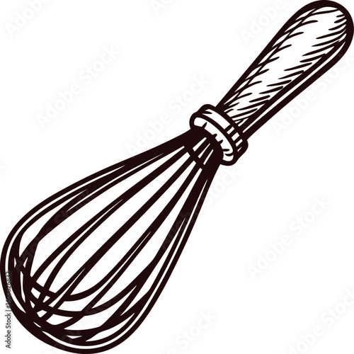Hand drawn vintage wire whisk illustration with wooden handle isolated on white background