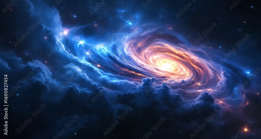 Swirling blue and orange nebula with bright stars in deep space galaxy cosmos