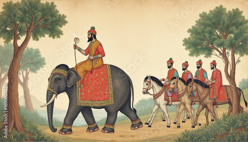 Traditional Mughal Wedding Procession with Decorated Elephant and Horse in Garden – Vector Background Design Mural Illustration
