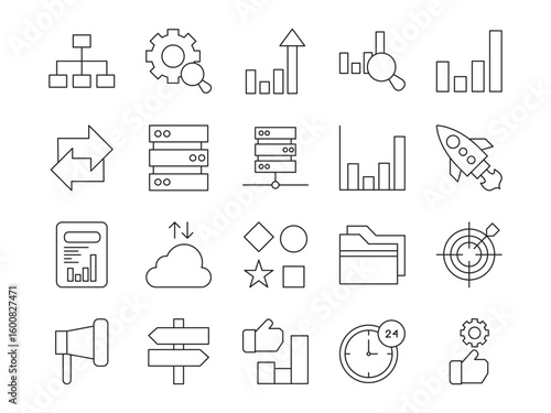 Data analytics icon set. Containing database, statistics, analytics, server, monitoring, computing, network and more. Vector illustration