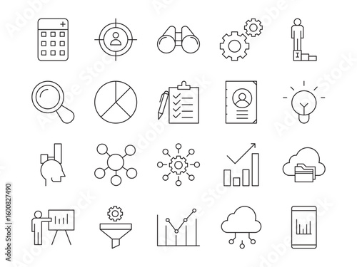 Data analytics icon set. Containing database, statistics, analytics, server, monitoring, computing, network and more. Vector illustration
