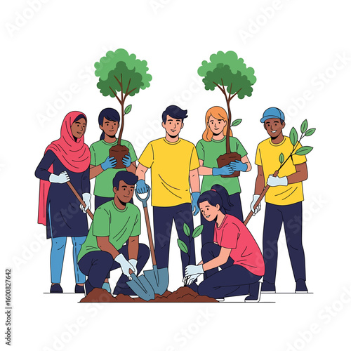 Group of diverse volunteers planting trees together in a community service project, working with shovels and seedlings for environmental conservation.
